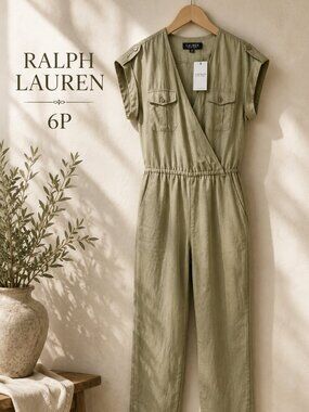Ralph Lauren Linen Utility Jumpsuit Sage Green 6P NWT